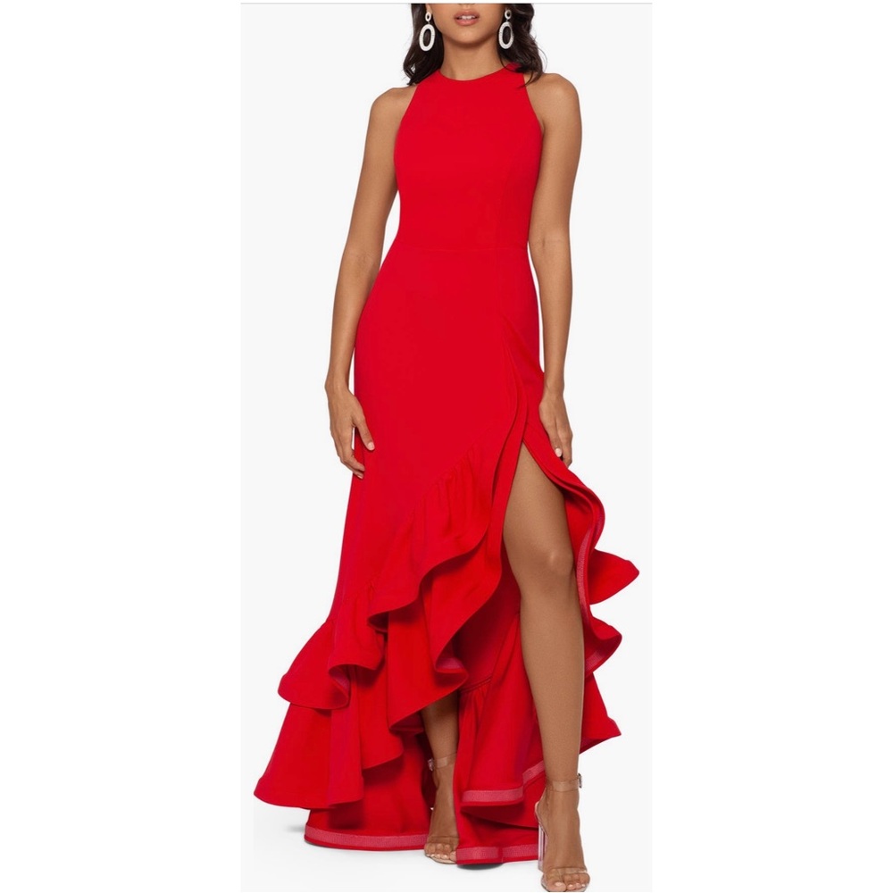 // betsy & adam ruffle halter crepe gown //